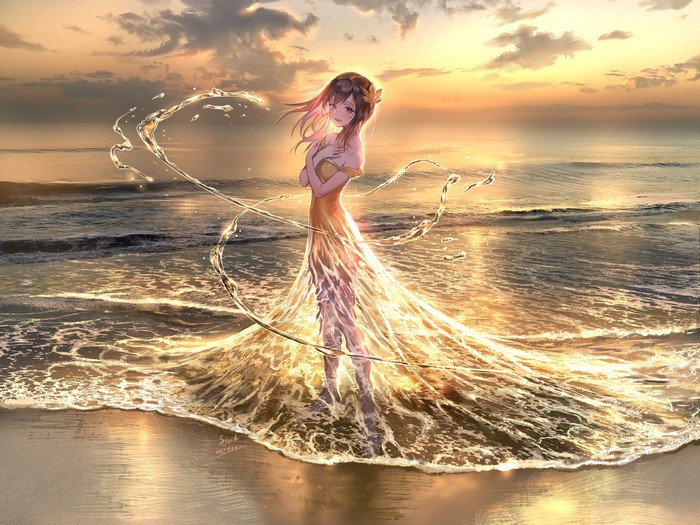 Anime girl in a water dress at sunset on a beach