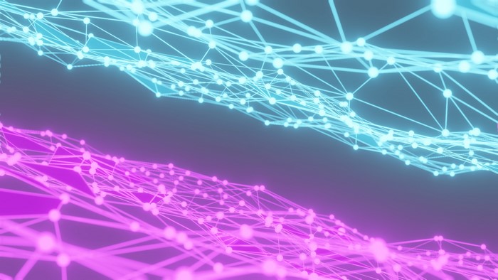 Abstract Plexus Network with Cyan and Pink Neon Lines