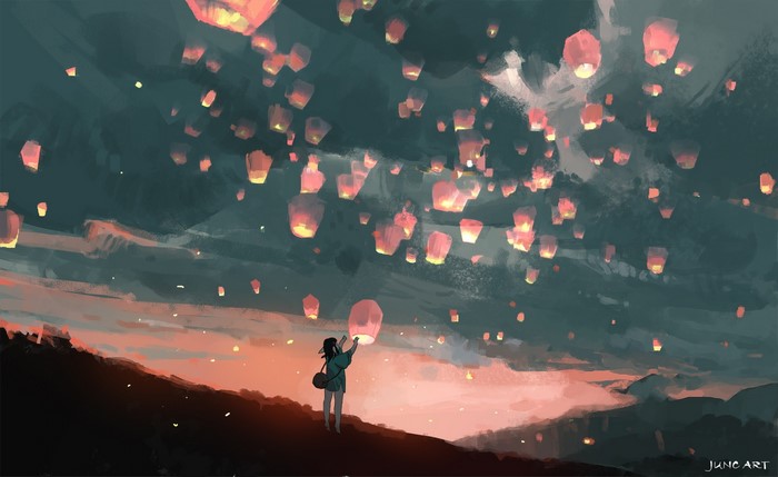 Artwork of a girl releasing lanterns at sunset