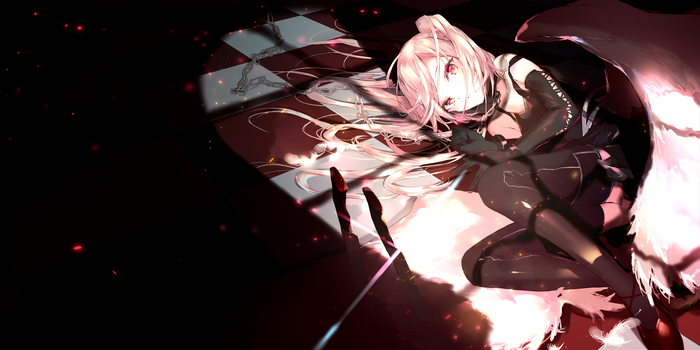 Girl with pink hair and wings on a chessboard