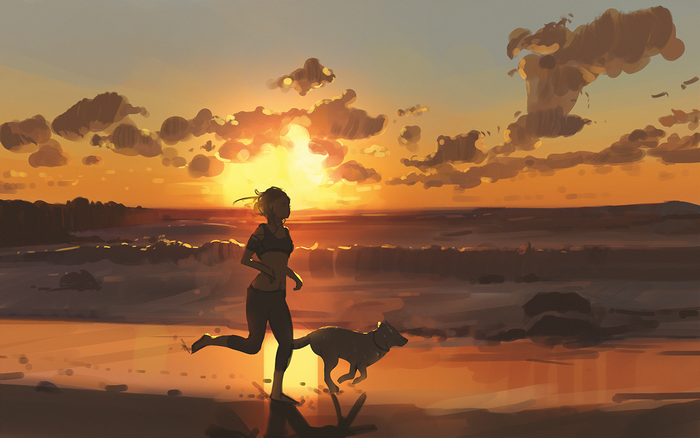 Woman and dog jogging on a beach at sunset