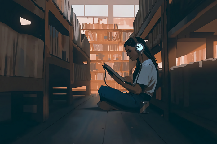 Woman reading in a library with headphones