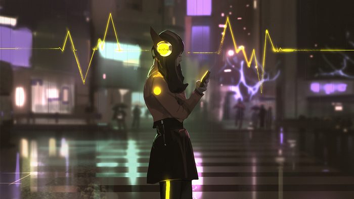 Woman with headphones looking at phone in a futuristic city