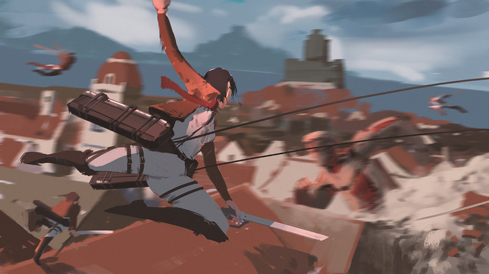 Mikasa Ackerman from Attack on Titan fighting in a city