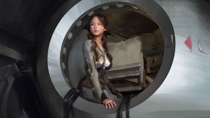 Woman with pigtails in a futuristic setting