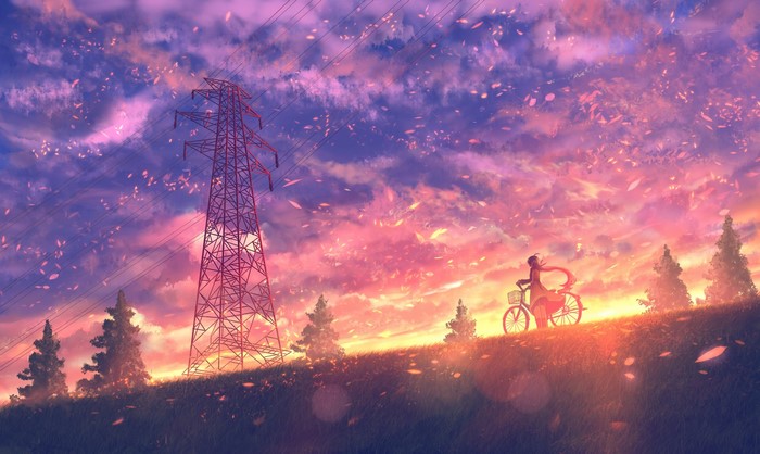 Girl on bicycle under power lines at sunset
