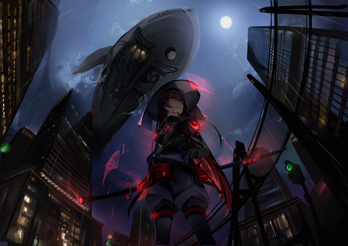 Anime girl with katana in futuristic city with Zeppelin