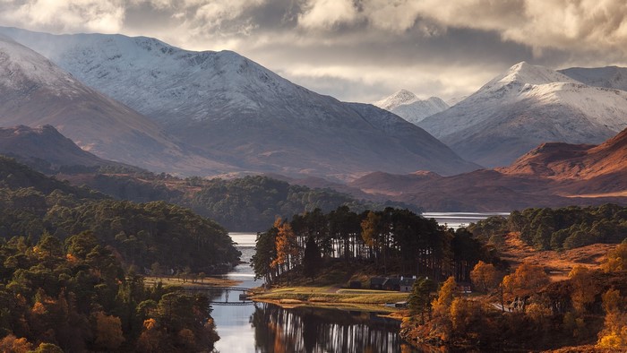 Snow-capped mountains over a Scottish loch in autumn