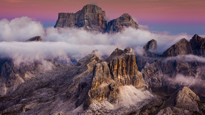 Averau Mountains at Sunset with Mist and Clouds