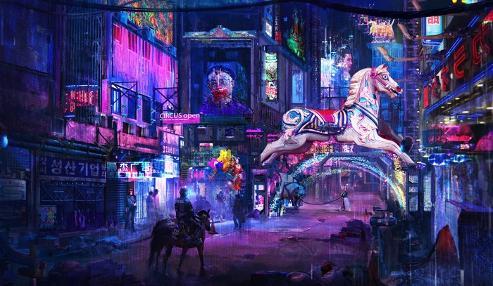 Cyberpunk circus street with neon lights and carousel horse