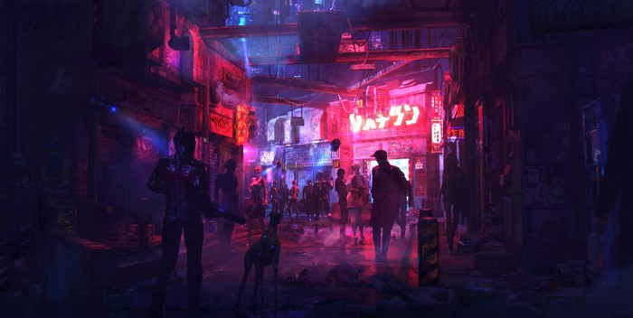 Cyberpunk street scene with people and neon lights
