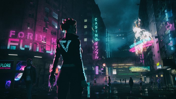 Cyberpunk city street at night with neon lights