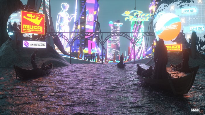 Cyberpunk Cityscape with Boats and Holograms