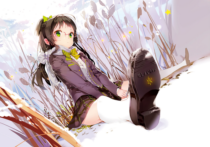 Anime girl with glasses in a school uniform in snow
