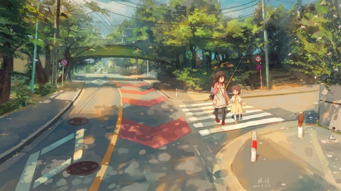 Ushio Okazaki and Ibuki Fuko from Clannad crossing a street