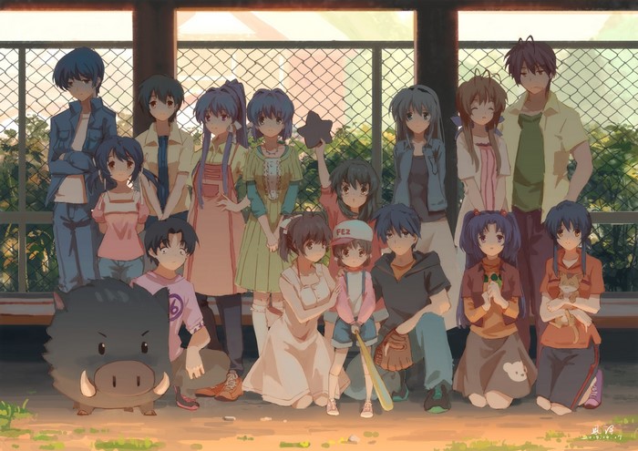 Group of characters from Clannad with a boar