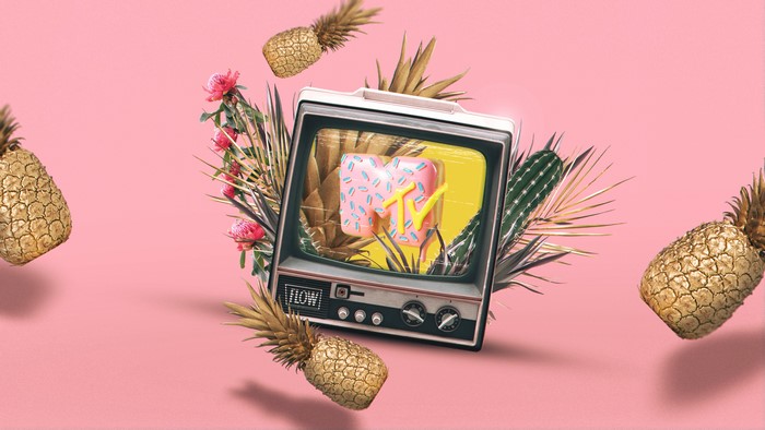 MTV logo on a vintage TV with pineapples and flowers