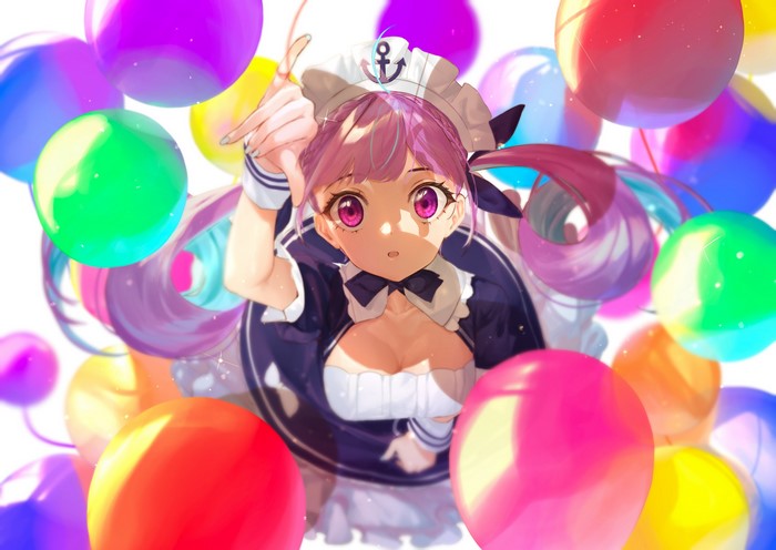 Minato Aqua from Hololive in a maid outfit surrounded by balloons
