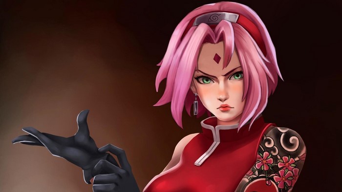 Sakura Haruno from Naruto putting on gloves