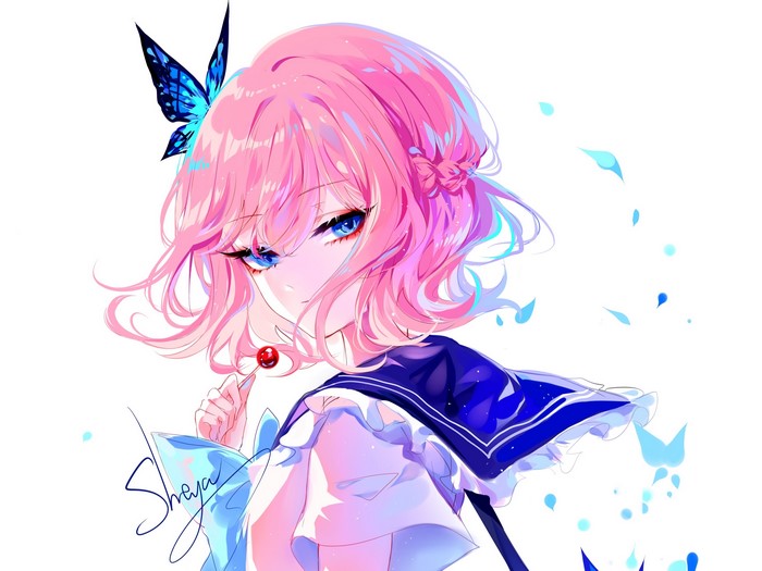 Anime girl with pink hair and blue eyes holding a lollipop