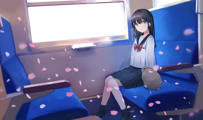 Anime girl with rabbit on a train