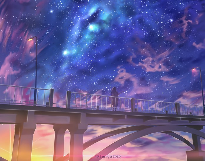 Anime girl on a bridge under a starry sky