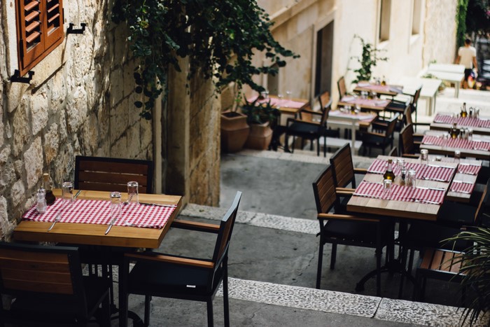 Outdoor cafe tables and chairs in Dubrovnik, Croatia