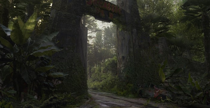 Jurassic Park entrance with overgrown vegetation