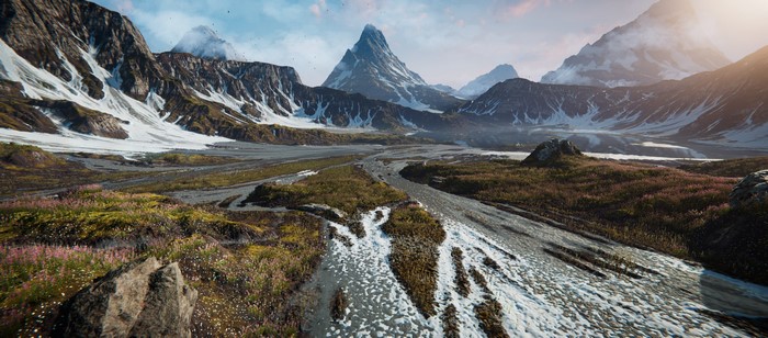 Snowy mountains and a valley with a river