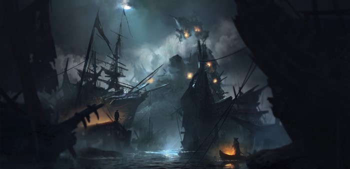 Pirate ships in a foggy, moonlit harbor with a small boat