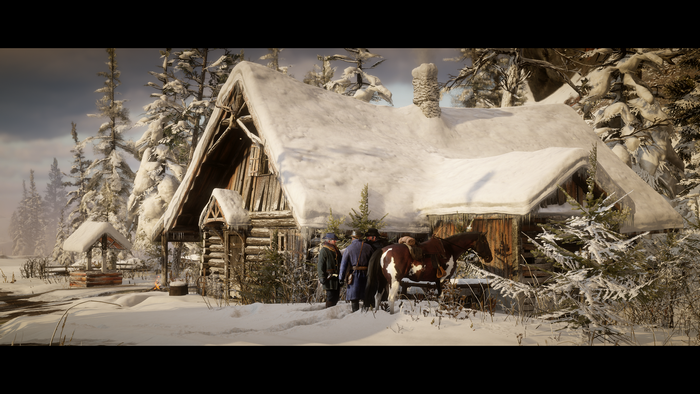 Red Dead Redemption: Arthur Morgan and companions at a snowy cabin