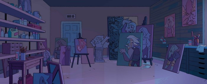Art studio with paintings and sculptures