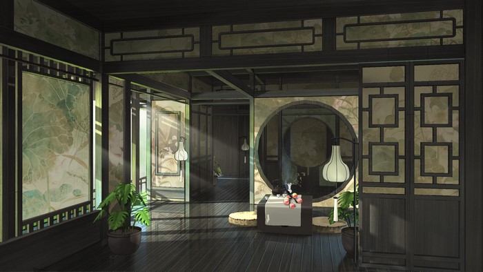 Traditional Chinese interior with artwork and plants