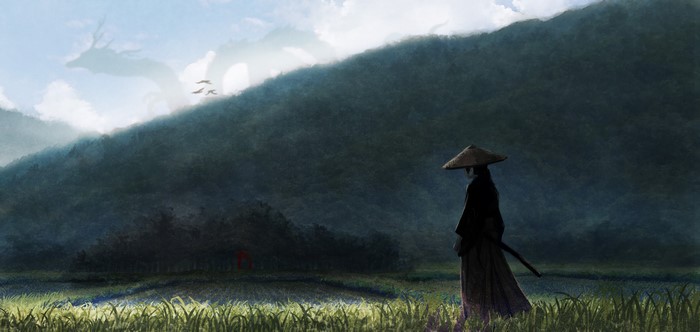 Samurai in a field with a dragon in the sky