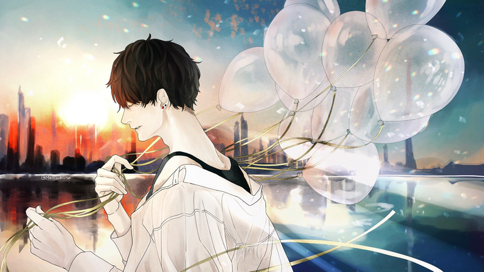 Anime boy with balloons at sunset city