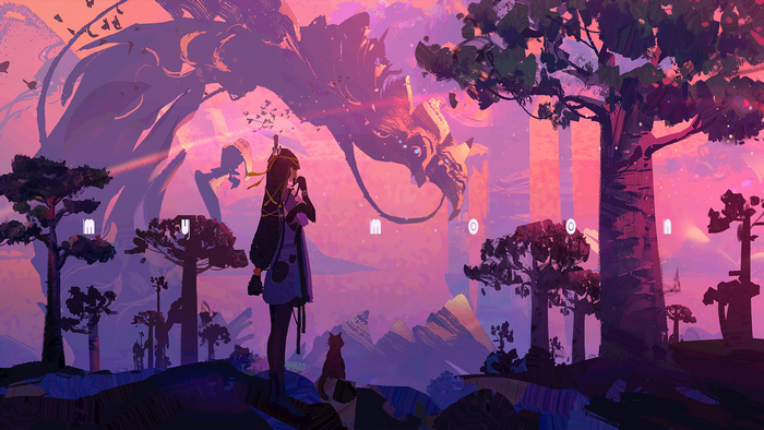 Anime girl and dragon in a purple landscape