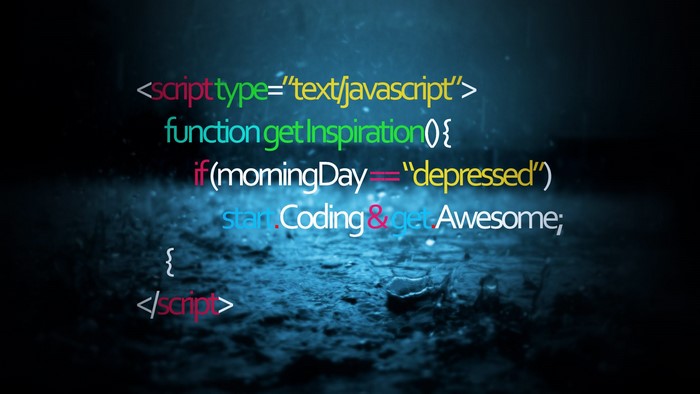 Programming code on a dark, rainy background