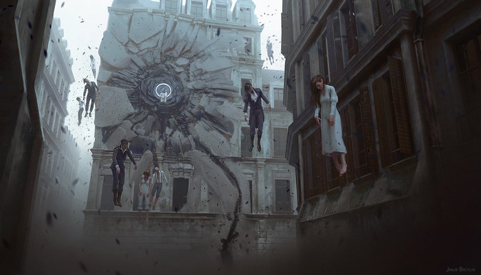 People floating from a building crater
