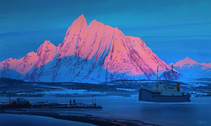 Digital art of mountains and a boat by Raphael Lacoste