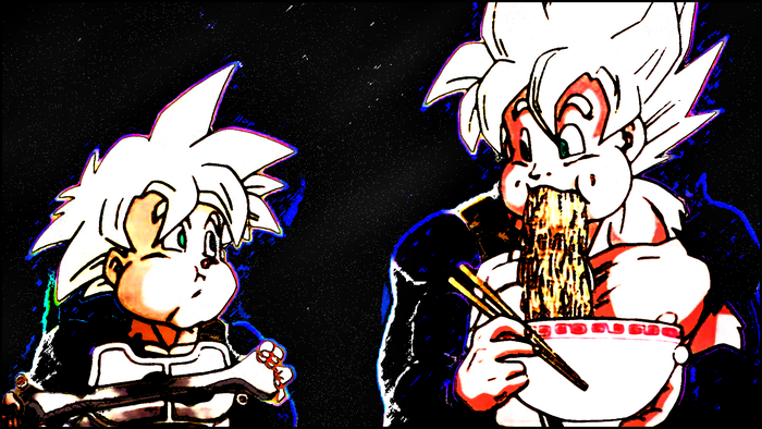 Son Goku and Gohan from Dragon Ball Z eating noodles in space