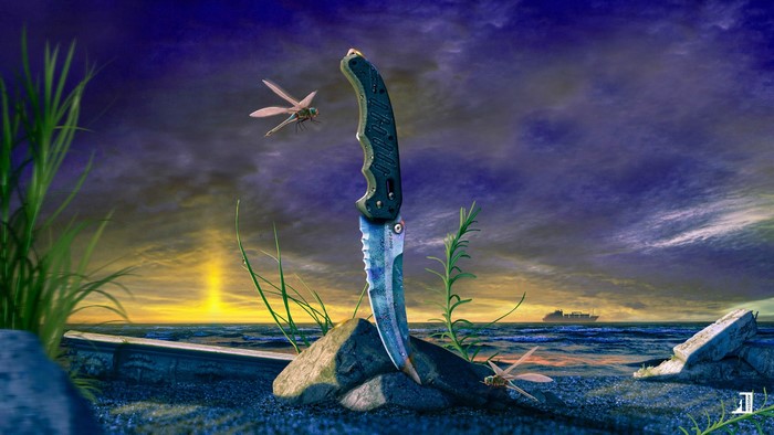 CS:GO Karambit Knife with Dragonflies and Ship