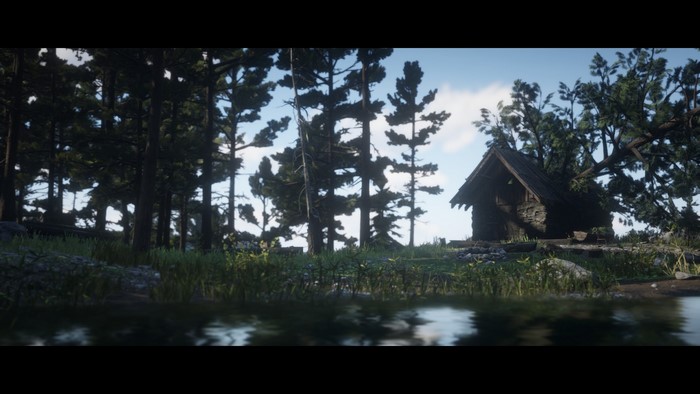 Red Dead Redemption 2 cabin in a forest by a lake