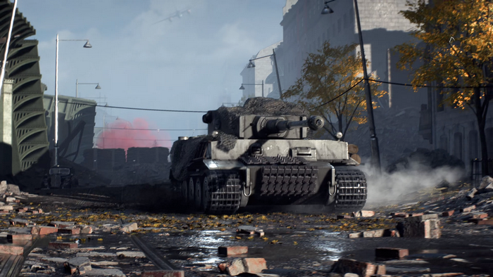 Tiger 131 tank in a destroyed city in Battlefield V