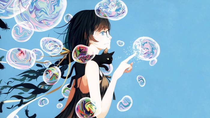 Hanekawa Tsubasa from Monogatari Series with cat and bubbles