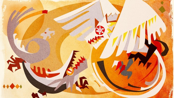 Two abstract dragons fighting, artwork