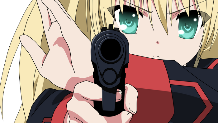 Tokido Saya from Little Busters! holding a gun