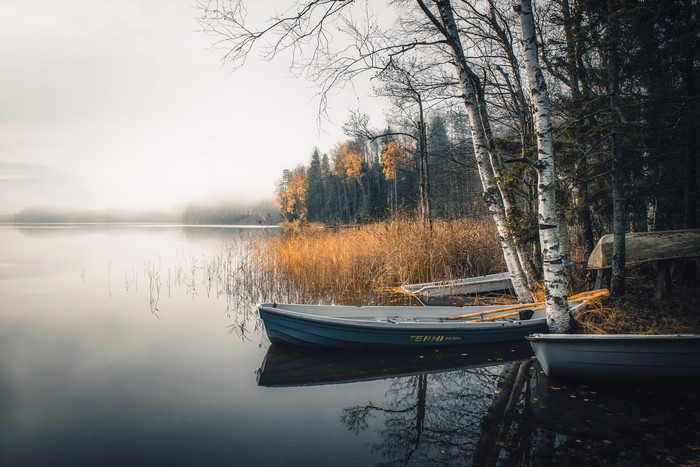 Boats on a misty lake during autumn