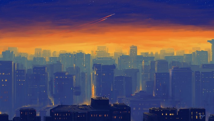 Cityscape at sunset with a comet