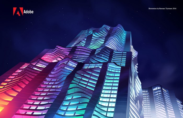 Adobe illustration of wavy buildings at night