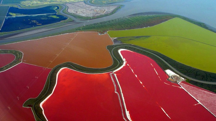 Aerial view of salt ponds in San Francisco Bay, California